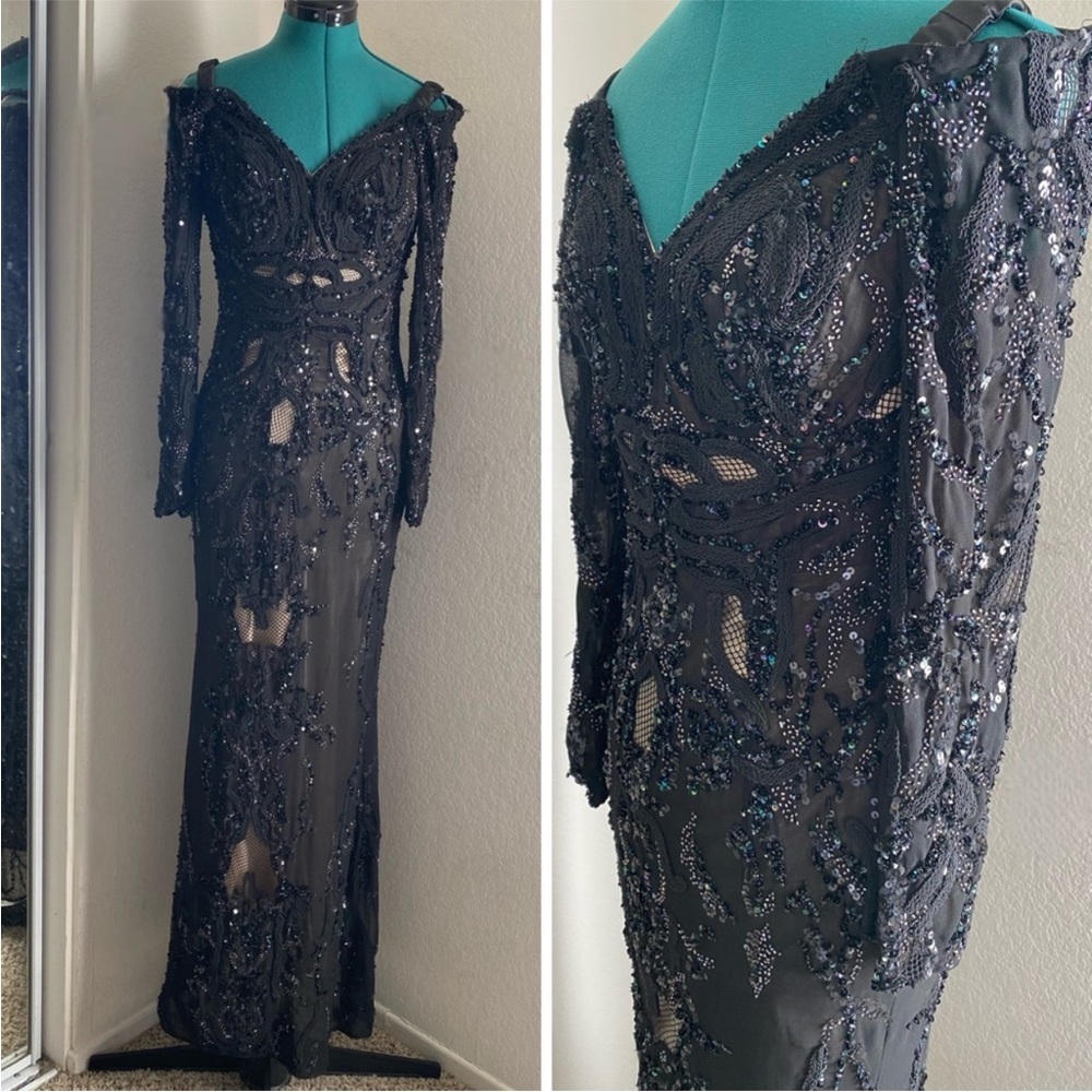 MANDALAY BLACK BEADED MESH FORMAL GOWN SIZE M